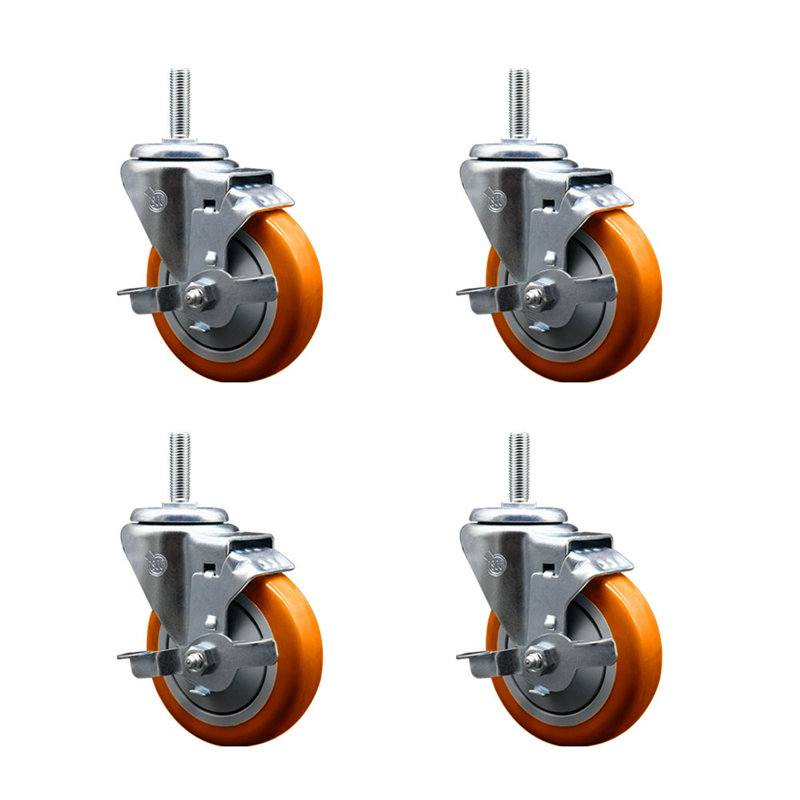 Ensemble de roulettes à tige filetée pivotante de 4 po à roue pivotante de 5/8 po avec frein, Orange