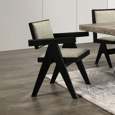 Contemporary Black Fabric Upholstered 2pc Dining Arm Chairs With Gray Seat Cushions And Solid Wood Legs Modern In Back Style
