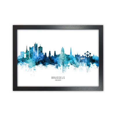 Brussels Belgium Skyline Blue City Name by Michael Tompsett - Print