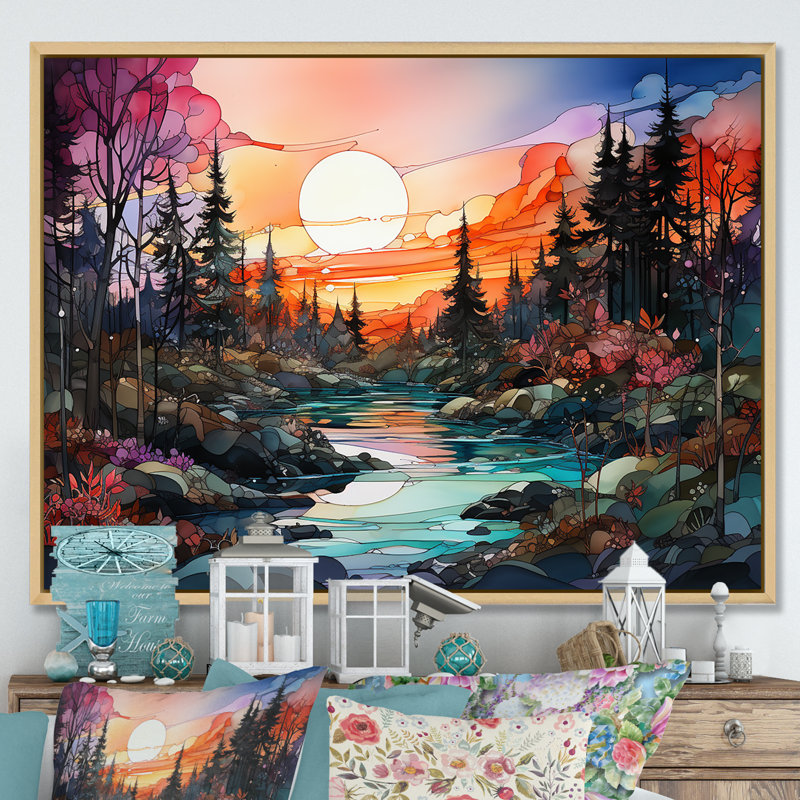Rivière bien que le lever du soleil sur toile, Cadre naturel flottant, H 16 po x l 32 po x P 1 po