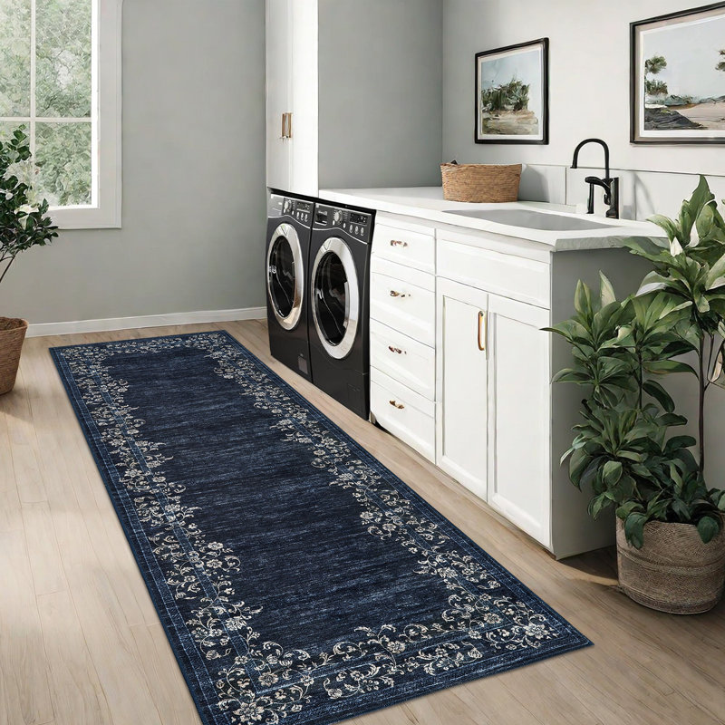 Machine Washable Non-Slip Rugs for Living Room Border Floral Vintage Distress Print Carpet Indoor Non-Shedding Rugs for Living Room Dining Room