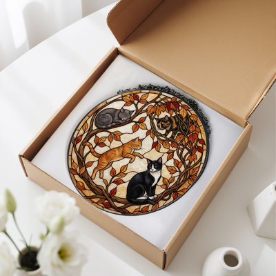 Cats Tree Stained Glass Window Panel，7.8H