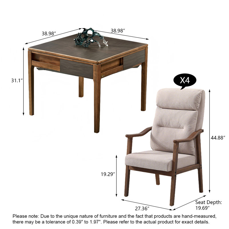 Ensemble de table et de chaises en bois massif carré et automatique Mahjong (4 chaises)