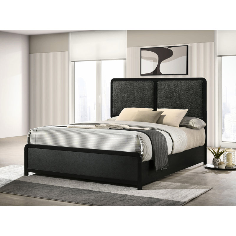 Lit très grand tapissier noir de style Mid-Century moderne, housse, tête de lit gris anthracite et pieds de support stables, style moderne, tissu anti-rayures, base