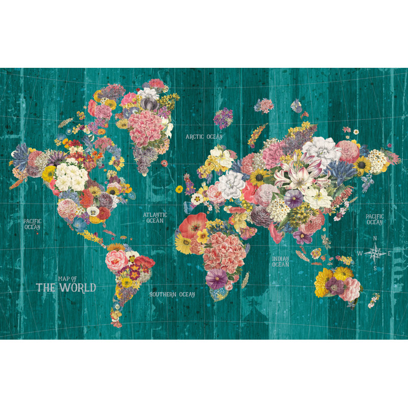 Carte botanique avec mots turquoise, H 36 po x l 24 po x P 1,25 po