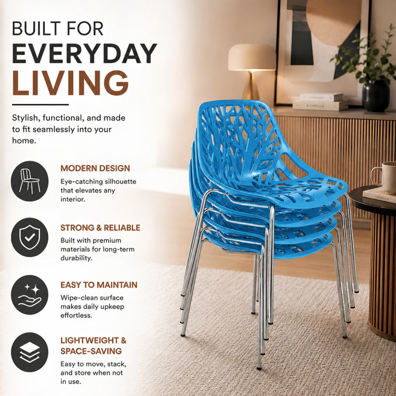 Stackable Dining Side Chairs with Floral Cutout Back and Stainless Steel Legs – Modern Kitchen, Restaurant, or Banquet Seating