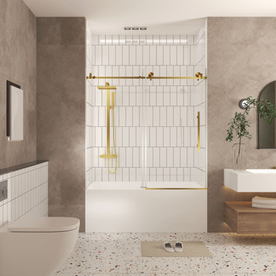 Porte de douche sans cadre l 56 à 60 po x H 60 po, verre trempé transparent de 1/4 po (6 mm), film antidéflagrant, poignée en acier inoxydable, or brossé