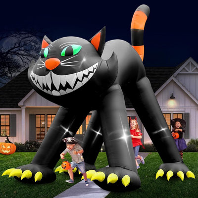 Chat gonflable noir géant pour l'Halloween avec lumières DEL intégrées, décor effrayant pour jardin, pelouse, intérieur et fête d'Halloween
