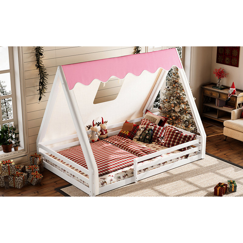 White+Pink Full Size House Floor Bed With Tent, Solid Wood Construction, And Guardrails Pink White Teepee Tent , - Inspired Concept, Features