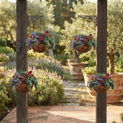 Paniers suspendus en métal de 40 cm avec doublure en fibre de coco (lot de 4), paniers à fleurs suspendus en fil de fer noir avec crochets à chaîne pour l'extérieur (porche, jardin, terrasse, balcon).