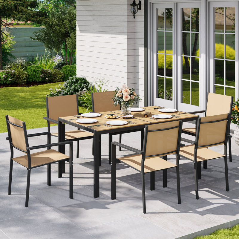 7 Piece Outdoor Patio Dining Set With 1 Table & 6 Chairs, Patio Dining Furniture For 6, Wpc Tabletop And All-Weather Resistant Iron Frame, Suitable For Garden, Backyard And Deck, Brown