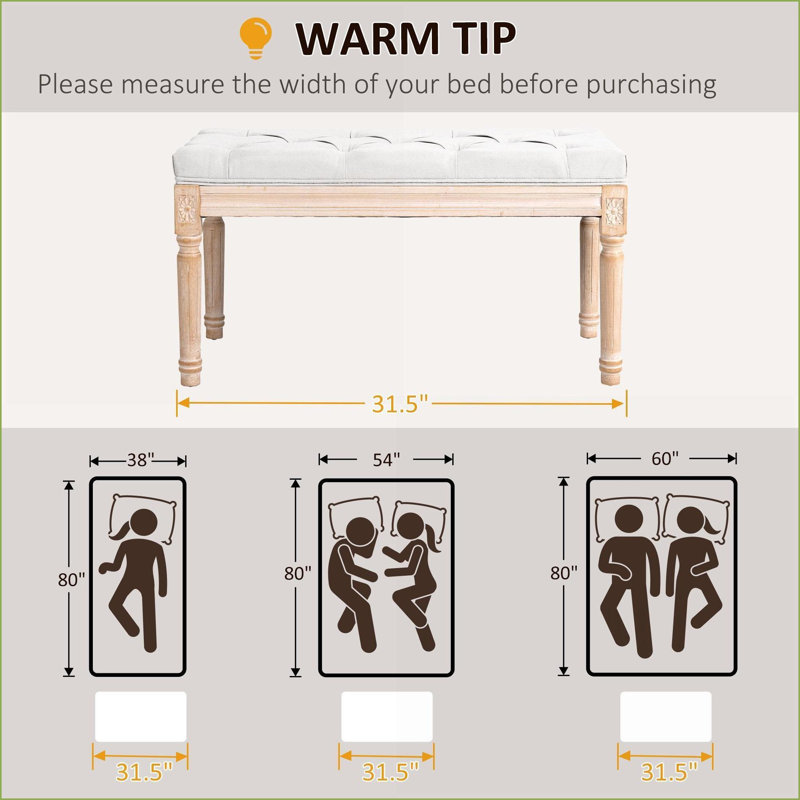 Banc de lit, HOMcom 31,5 po vintage français recouvert de crème | Bois d'hévéa massif | Crème / blanc | Polyester