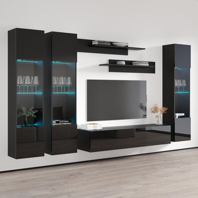 Narberth 120" Modern Floating Wall Mounted Entertainment Center with 16-Color LED Lighting, High Gloss Finish