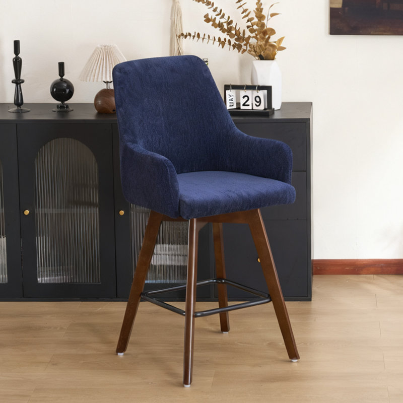 Tabouret de bar et de comptoir pivotant rembourré en bois massif, Chenille bleu, 1