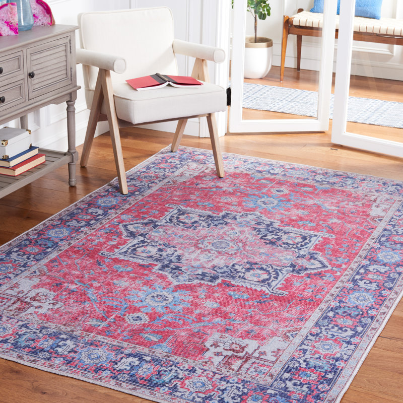Tapis rouge / bleu marine en coton Ferrigno, Rectangle 8 pi x 10 pi