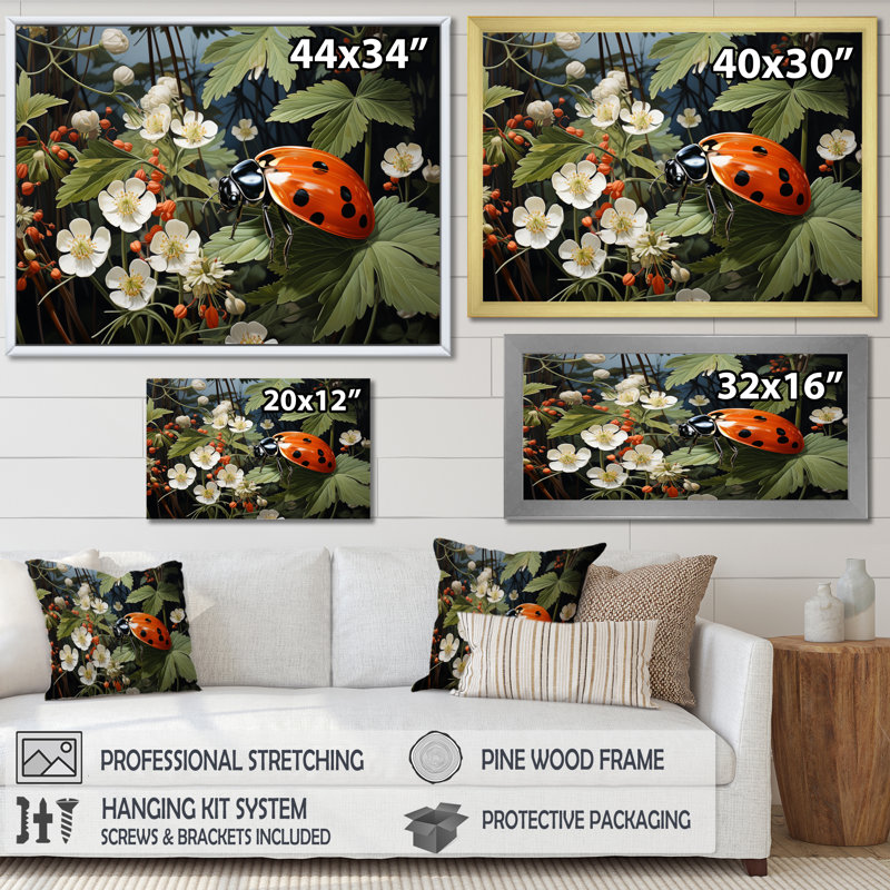 «Ladybug Playful Spots Pastoral III», reproduction d'art sur animaux, H 34 po x l 44 po, Cadre flottant noir