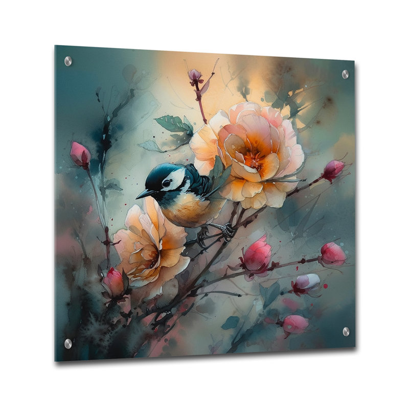 «Blue Little Bird On Rose Tree Banch I», art mural acrylique, H 16 po x l 16 po