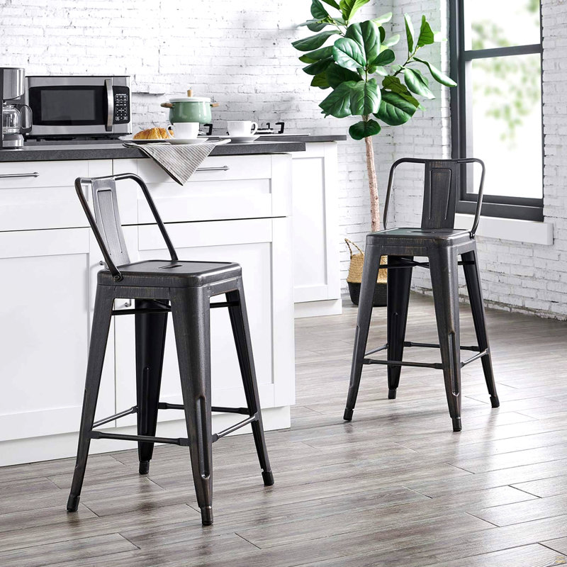 Tabouret de bar 24 po en métal de style rustique rustique avec dossier, tabouret de bar de cuisine, construction légère et robuste, ensemble de 4 - noir mat