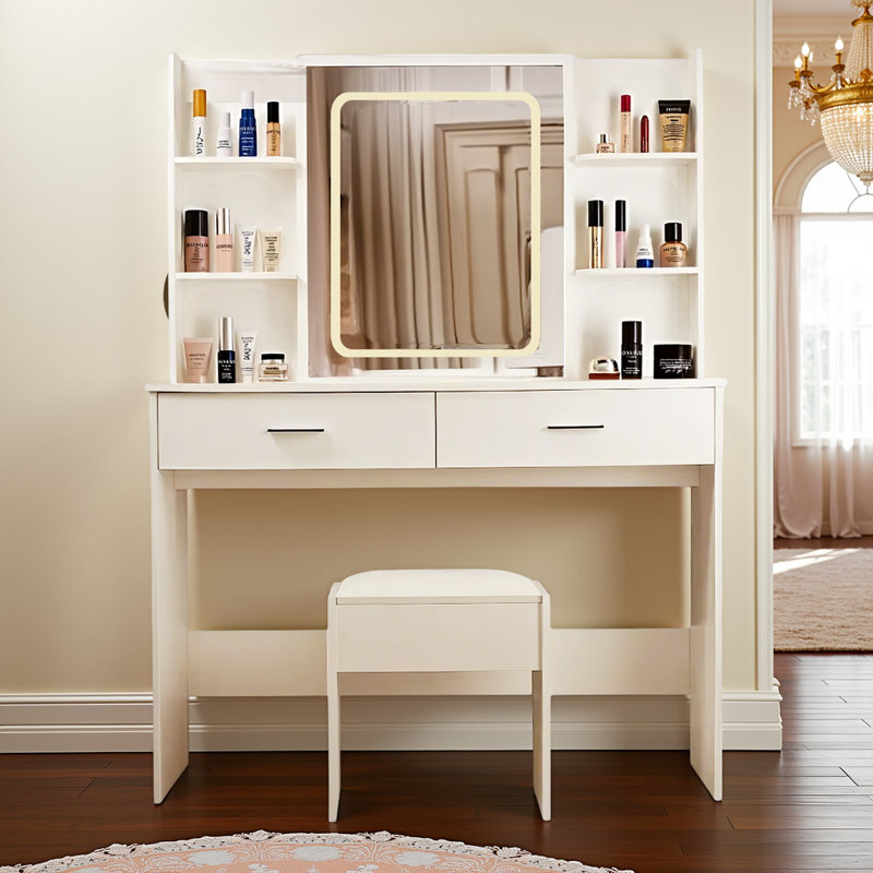 Meuble-lavabo blanc moderne avec lumières DEL, prise de courant intégrée et rangement spacieux
