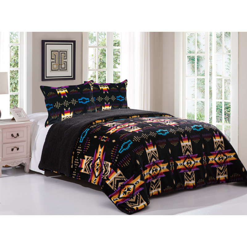Ensemble d'édredon 3 pièces moderne en microfibre noir, Édredon pour grand lit + 2 taies décoratives pou