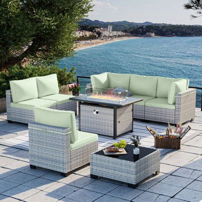 Ensemble de meubles de patio 8 pièces, mobilier d'extérieur avec table de foyer 55 000 BTU, coussins épais, canapé modulaire, rotin en osier double brin, structure résistante à la rouille