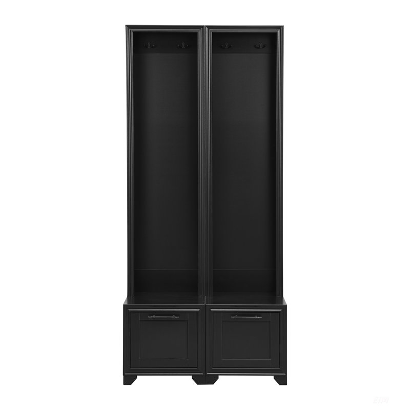 Hall Tree Coat Rack with Black Retro Handles, Seating Bench with Storage Drawers, Black