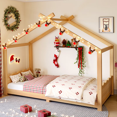 Lit simple pour enfant avec structure en bois massif, conception de maisonnette, lattes de soutien, sans sommier, naturel
