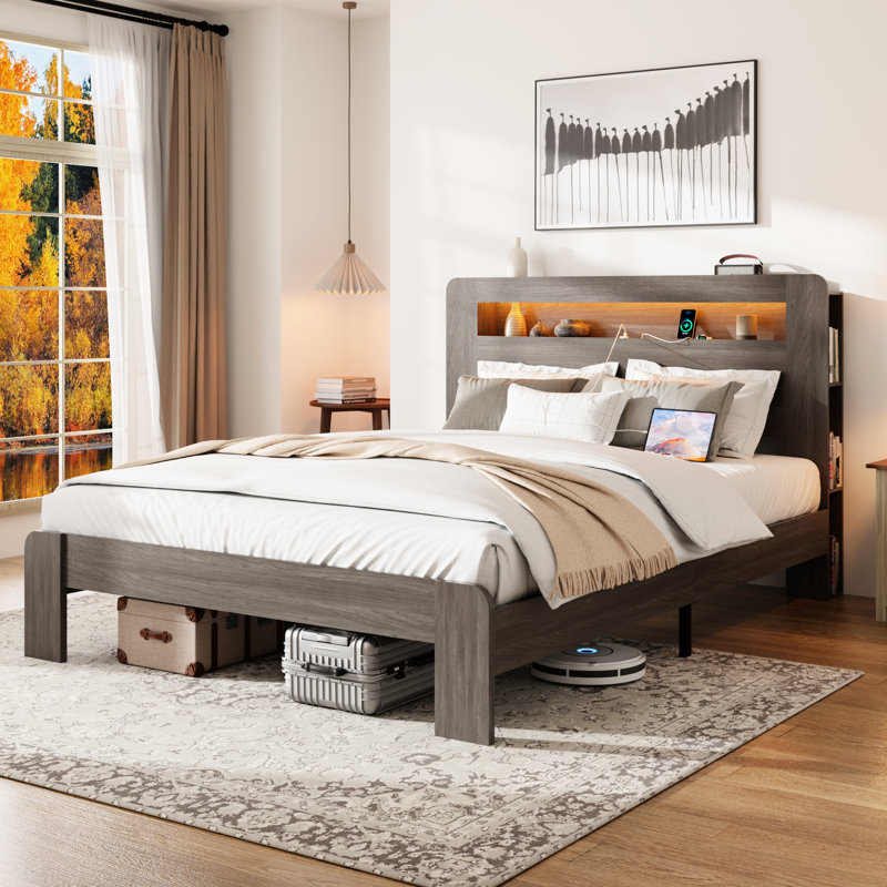King Size Bed Frame, Wood Platform With Storage And Led Headboard 2 For Bedroom Tech, Silent Operation, No Box Spring, Easy Installation Work, Spacious Under - Volume, Dark Grey Ease, Operation Mode,