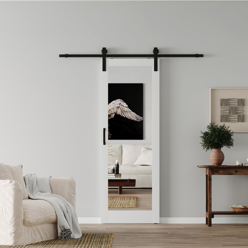 Porte de grange coulissante à miroir en bois massif avec design moderne et quincaillerie incluse, 32 po x 84 po