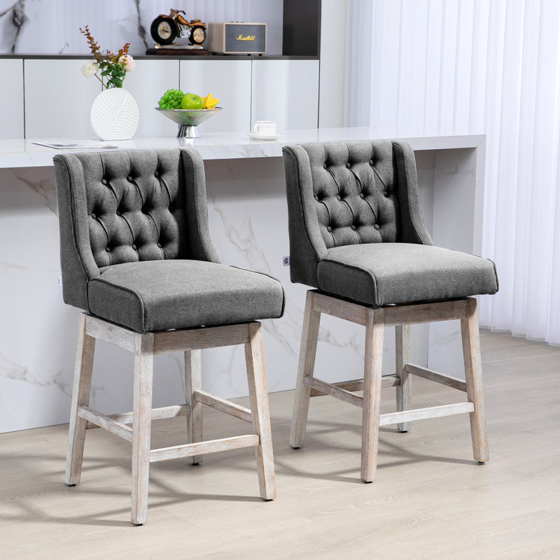 De 2 chaises de comptoir, pivotant à 180 degrés, repose-pieds en bois massif, bouton, gris, hauteur 2, gris