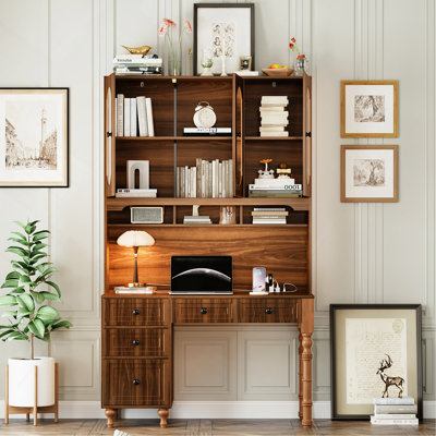 Bureau rétro 47 "avec ports de chargement et huche, bureau avec 5 tiroirs de rangement et bibliothèque à portes en verre transparent
