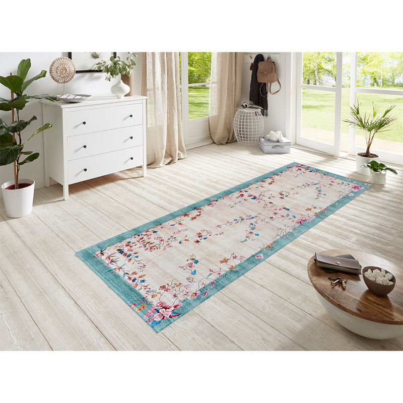 Machine Woven Beige/Teal Rug, Runner 80 x 200cm