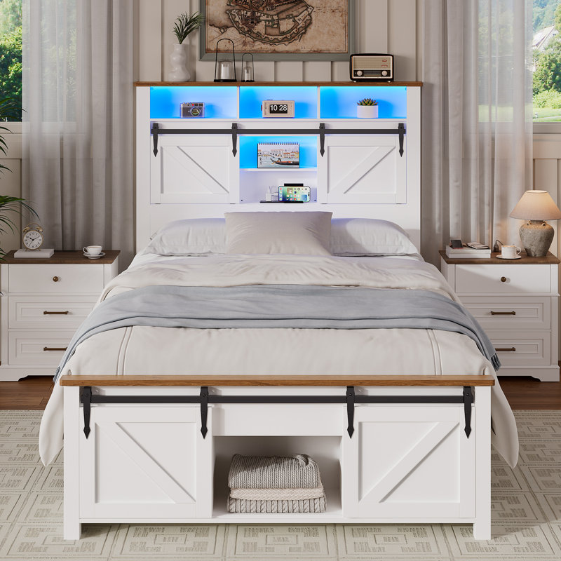 Cadre de lit simple avec porte de grange coulissante Farmhouse, Lit simple, White