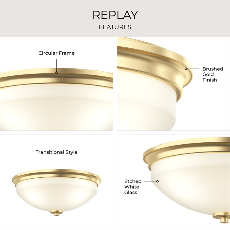 Replay 14-inch 2-Light Brushed Gold Flush Mount Light with Etched Glass Shade