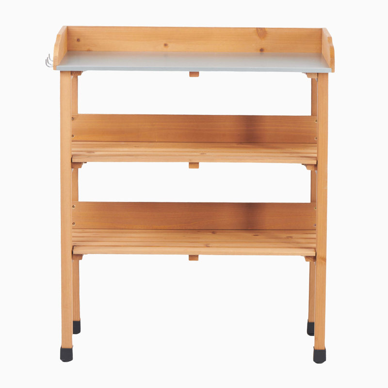 30X14.535.5 Three - Layer Solid Wood Potting Table With Metal Top, Outdoor Work Bench For Garage And Diy Projects, With Built In Hooks Adjustable Feet Functionality 30.5L 14.6W 35.5H Tier Gardening