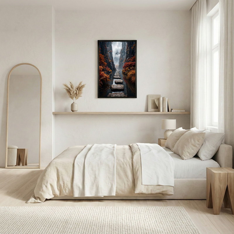 «Stepping Stones Across Autumn River In Misty Canyon», art mural sur toile, H 30 po x l 20 po