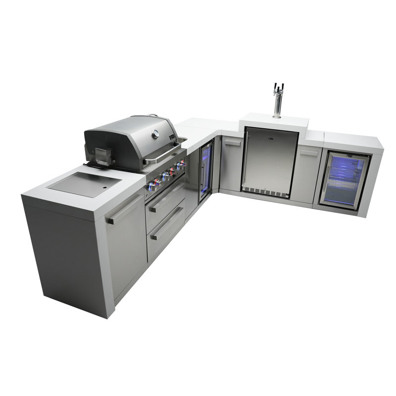 Mont Alpi Premium 82"w X 98"d Deluxe L-shaped Stainless Steel Outdoor Kitchen Island With Refrigerator + Kegerator Beer Dispenser + Faucet & Sink  Combo + 32"w 4-burner Bbq Grill + Storage Cabinets + Cover + Natural Gas Convertible + Lifetime Warranty