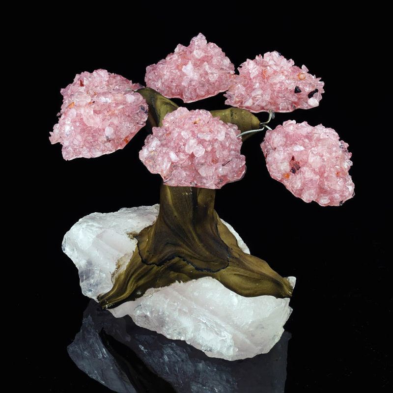 Arbre à gemmes en quartz rose sur base de quartz naturel - cristal guérisseur