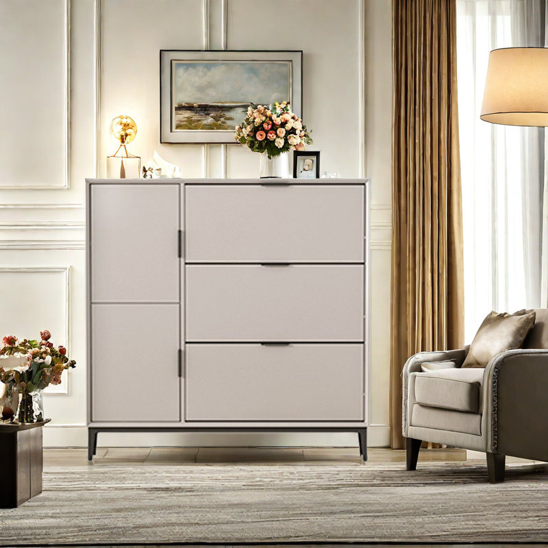 Italian Solid Wood Extremely Narrow Shoe Cabinet 16 Pair Shoe Storage Cabinet, Beige
