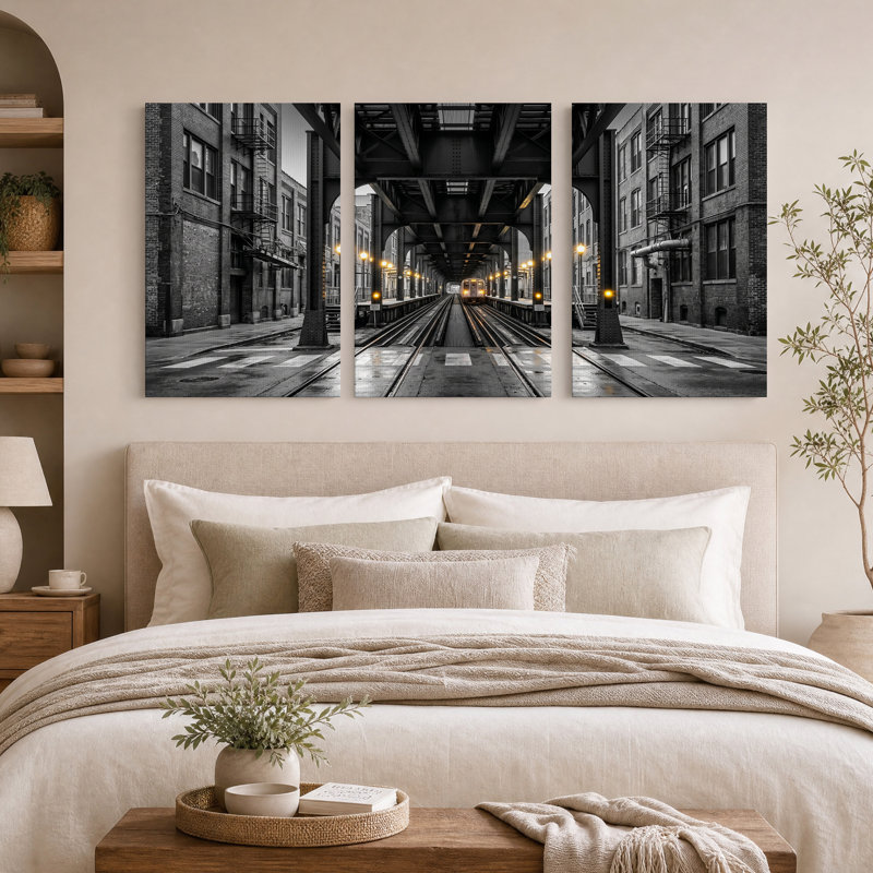 Ensemble de 3 toiles murales représentant une gare aérienne en noir et blanc, 24"H x 16"W x 3pcs
