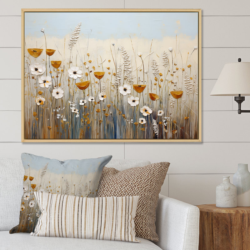 Élégance florale beige - Fleurs murales, art mural, H 24 po x l 32 po x P 1 po, Cadre naturel flottant