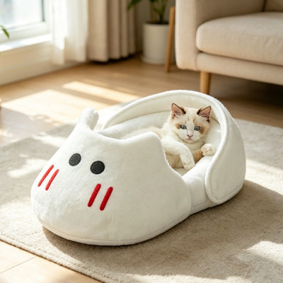Cute Cartoon Slipper Shaped Pet Bed, Semi-Enclosed Cat & Dog Nest, All Season Warm Fluffy Pet Sofa Bed, Winter Cozy Calming Pet House for Small Cats Puppies