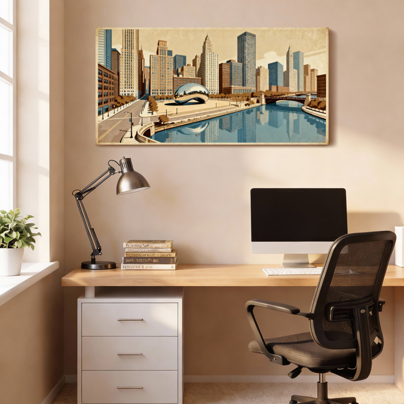 Tableau sur toile tendue représentant un paysage urbain de Chicago avec Cloud Gate et des reflets sur la rivière (lot de 1)