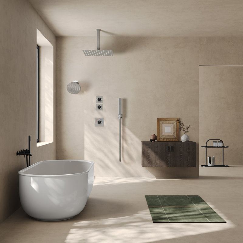  Thermostatic Dual Showerheads System, Ceiling Mount 12" High-Pressure Rainfall Shower Faucet with Handheld Spray