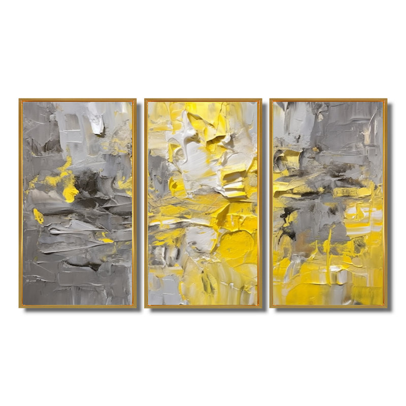 Intense réverbération jaune gris - ensemble d'art mural abstrait, Cadre flottant doré, H 40 po x l 60 po x P 1 po