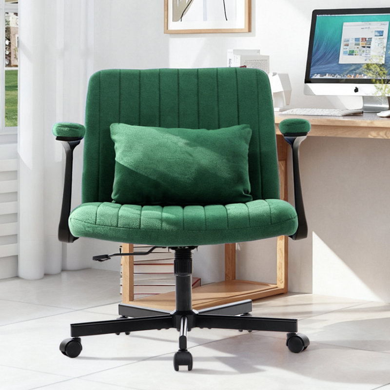 Criss Cross Chair With Wheels, Comfy Cross Legged Velvet Armrest Office Computer Ergonomic Desk Chair, Modern Swivel Makeup Vanity Task Chair Height Adjustable Wide Seat For Home Office Bedroom, Green