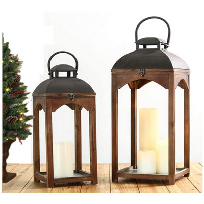 Set Of 2 Vintage Look Wood, Glass And Iron Lanterns