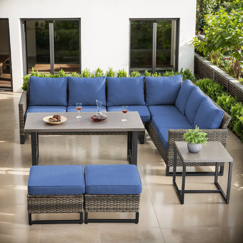 Naresa 5-Piece Outdoor Wicker Furniture Set, L-Shaped Sectional Sofa Set, Blue