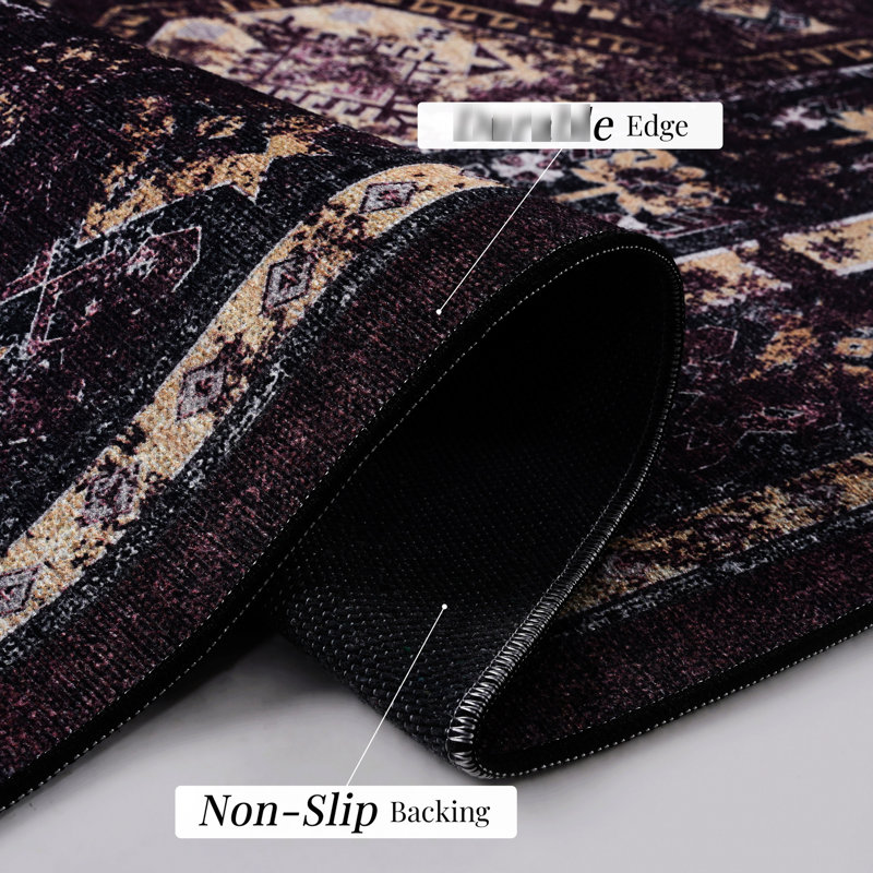 9x12 Area Rug, Machine Washable, Non-slip Backing, Foldable For Bedroom, Living Room - Black+burgundy Low-pile Non-slip, - Dining Room, Hallway, Kitchen