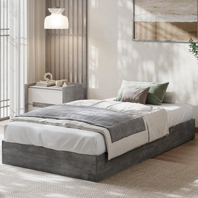 Cadre de lit plateforme simple en bois, sans tête de lit, lattes en bois, sans sommier, noir lavé à l'eau